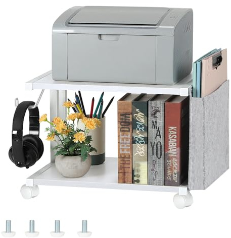 Shinoske Supporto per Stampante a 2 Livelli Mobili per Stampanti Tavolo Scorrevole Porta Stampante da Scrivania Carrello Stampante con Rotelle Ripiano di Stoccaggio per Ufficio e Casa (Bianco)