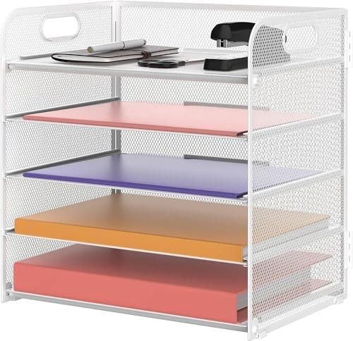 SUPTIDY 5 Trays Paper Organiser Letter Tray with Handle-Mesh Desk File Organiser, A4 Paper Sorter Desk Organiser for Office, Home or School, White