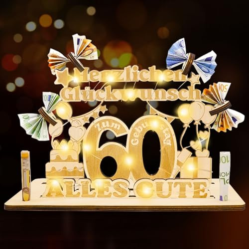 Idota 60 Geburtstag Frau Männer Geschenk - Geldgeschenke Geburtstag | Holz-Schild Gästebuch 60 Geburtstag Deko Geschenke mit LED Lichterketten, Personalisiertes Geschenke, 60 Geburtstag Mann Deko