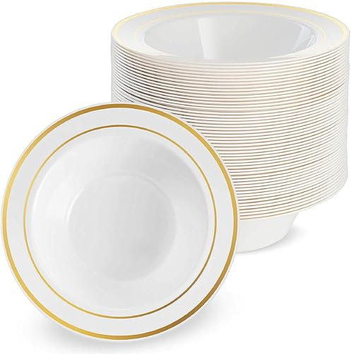 MATANA 50 Weiße Plastikschalen mit Goldrand, Suppenteller, Suppenschalen (360ml) - Suppenschüssel für Hochzeiten, Geburtstage, Taufen, Weihnachten, Partys - Mehrweg & Stabil