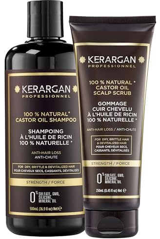 Kerargan - Duo Anti-Haarausfall Shampoo & Peeling mit Rizinusöl für trockenes und lebloses Haar - Reinigt, Stärkt und fördert das Wachstum - Ohne Sulfate, Parabene und Silikone - 500ml + 250ml