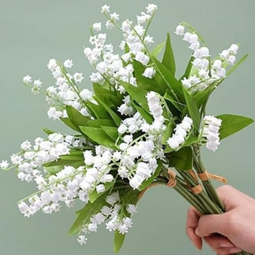 huaao 30pcs Flores Lirio Artificiales de Los Valles Blancas de Plástico, Carillón de Viento como Real, 36 cm, Ramo de Flores Decoración para el Hogar, Ramo de Novia, Jardín, Fiesta, Boda