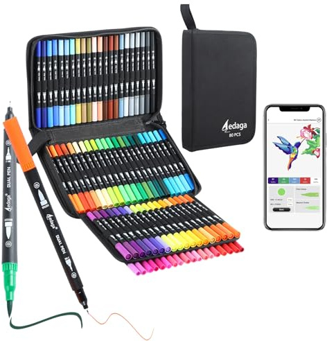 AEDAGA 80 Numbered Colouring Pens with Free App,Dual Tip Felt Tip Pens | Water Based Ink | Non-Toxic | Safe | Blendable | Brush Pens for Adults, Calligraphy, Drawing, Sketching, Journaling