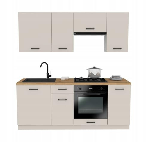 Laclar Küchenzeile 200 cm - Modulare Möbel für die Küche - inklusive Montagezubehör - mit Soft-Close-System - ohne Spülbecken Geräte - Capri Kaschmir - Küchenarbeitsplatte Evoke Oak