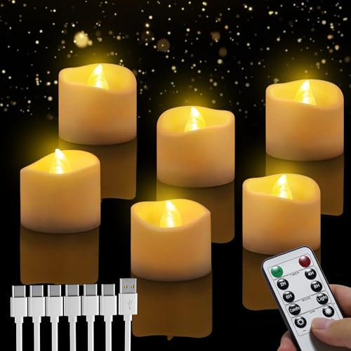Lot de 6 bougies chauffe-plat à LED rechargeables avec fonction minuterie, flamme vacillante avec télécommande pour Halloween, Noël, automne et hiver, mariage