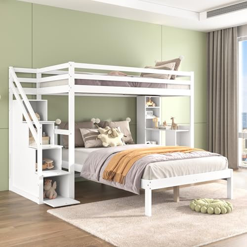 Kinderbett Etagenbett 90x200 & 120x200, Hochbett mit Treppe und 4 Schubladen, Kinder und Mutterbett mit Schreibtisch & Aufbewahrungsschrank, Funktionsbett Stockbett Jugendhochbett, Ohne Matratze,Weiß