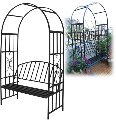 Gartenbogen mit Bank, Metall Hochleistungs Gartenlaube 210x114x52cm mit Sitz für Kletterpflanzen Großer Garten Rosenpavillon Bogen Kletterstütze für Rasen Hinterhof im Freien