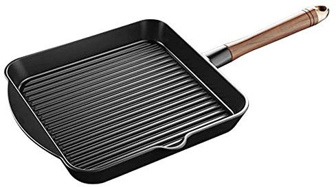 Pot, Cast Iron Grill Pan, Fry Pan with Walnut Wood Handle, Easy Grease Draining, for Frying, Saute, Cooking