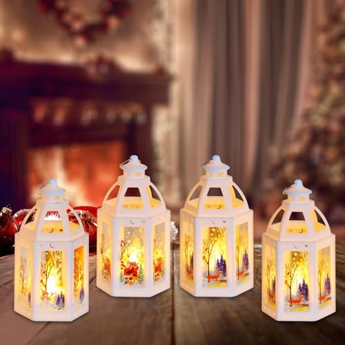 4 Stück LED Weihnachtsdeko Laterne,Weihnachten Deko Weihnachtslaterne Flammenlose,Weihnachtsmann Weihnachten Schneemann Weihnachten Elch Laterne Beleuchtete Windlicht für Weihnachten Tischdeko (A)