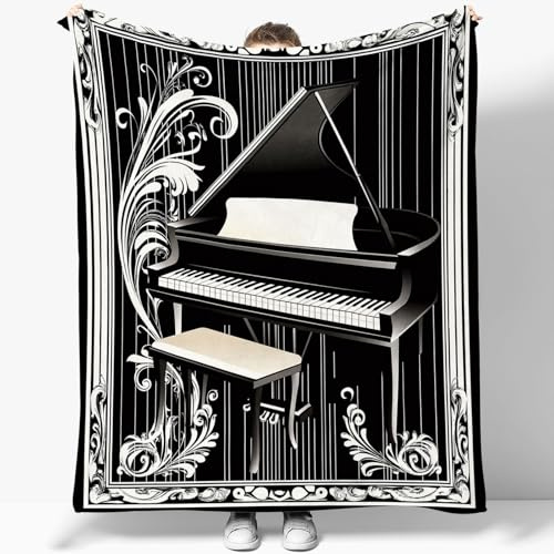 3D Druck Fleecedecke Retro-Stil Klavier Flanelldecke Kuscheldecke Schwarz Weiche Warm Flauschige TV Decke Sofadecke Wohndecke Tagesdecke Kinderdecken 150 x 200 cm