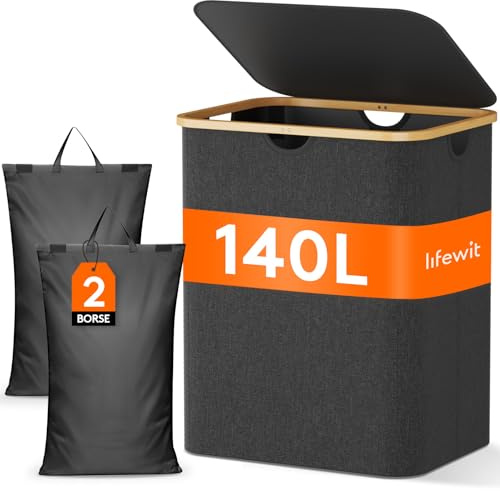 Lifewit 140L Wäschekorb mit 2 Fächern und Deckel, Dunkelgrau | Großer Wäschesammler mit 2 herausnehmbaren Wäschesäcken, Wäschebox zum Sortieren für Schlafzimmer und Bad