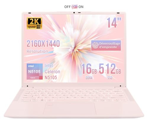 LONGEVINCE Ordinateur De 14,1 Pouces, Processeur Celeron N5105,Déverrouillage des Empreintes Digitales, Clavier Rétroéclairé,Caméra Push-Pull,Type-C, USB3.0 * 3, WiFi/BT 5.0 (Rose,16G+512GB SSD)