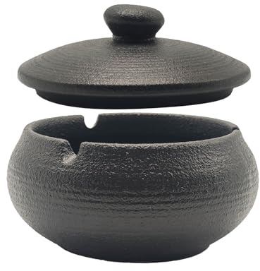 Outdoor Ashtray, Ceramic Wind Ashtray with Lid, Strong Windproof and Odour-Proof Ashtray for Outdoor Use, for Balconies and Offices (Black)