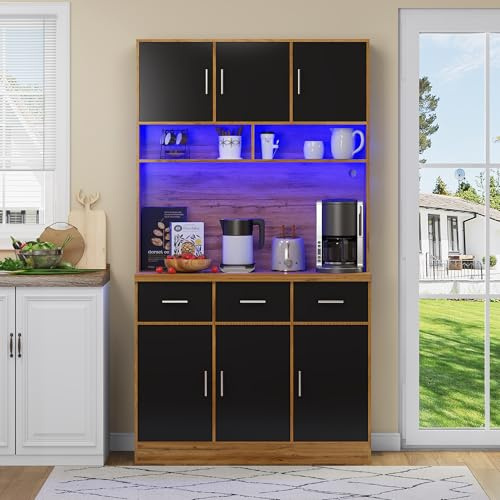 LAKFEW LED-Hochschrank, Ablageschrank, Multifunktionaler Buffetschrank mit 3 Ablageschubladen und 6 Türen, Küchenschrank mit USB-Ladeanschluss, Aufbewahrungsschrank, Wohnzimmerschrank, Schwarz