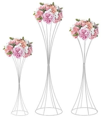 WOQLIBE 3 Stück Blumenständer, Vasen Hochzeit - 3 Größen 50/66/79CM Hoch, Metall Pflanzenständer für Party Geburtstags Event Festival Feier (Silber)