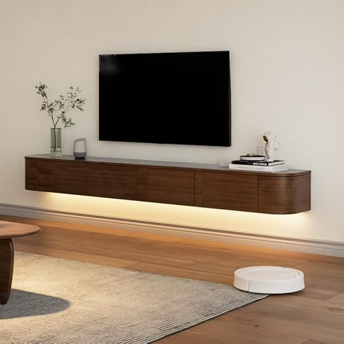 BIGYOUZI Schwebender TV-Schrank aus massivem Holz，Wand TV Schranks Mit Mehreren Ablagemöglichkeiten Nussbaum＆Licht, 200 * 30 * 20CM