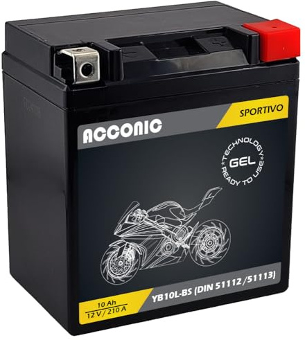 ACCONIC Sportivo GEL YB-10L-BS. Ersetzt YB10L-A2, YB10L-B2, YB10L-B, YB10L-BP, 51112, 51113 Motorradbatterie 12V 10Ah 210A. Maße: 132 x 88 x 145 mm.