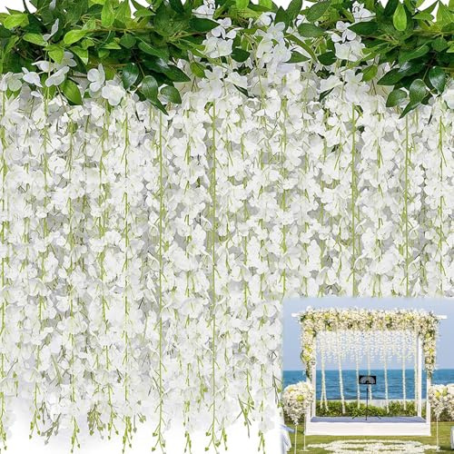 YTPAFK 2 Pack 20 Branches Artificial Wisteria Flower Vines, 6.5ft Wisteria Hanging Flowers, Hanging Fake Plants, Garland for Wedding Arch Party Garden Home Decor (White)