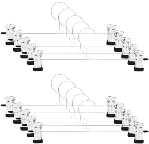 XLKJ 10 Pack Metal Pants Hangers, 30cm Adjustable Skirt Hangers with Clips, 360° Swivel Hook, Anti Slip Clip Hangers for Clothes Organizer