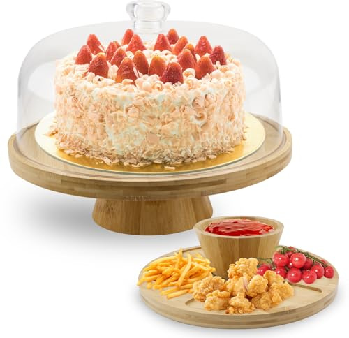 UVVRUR 6-in-1 Tortenständer mit Holzfuß und Kunststoff-Abdeckhaube, Kuchenplatte Rund, Dekorativ für Backen und Partys (A)
