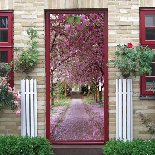 3D Adesivi per Porte Interne Fiori di Ciliegio Adesivo Porta Albero di Ciliegio In Fiore Carta Parati Autoadesiva Arte Sticker Camera Letto Soggiorno Decorazione Parete Poster Murale 90x210 cm m6369