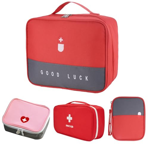 Medikamententasche, 4 Stück Reiseapotheke Tasche, Große Kapazität Notfalltasche, Tragbare Medikamenten Aufbewahrungstasche aus Wasserdichtem Oxford Stoff für Schule, Reisen, Camping(Rot, Pink)
