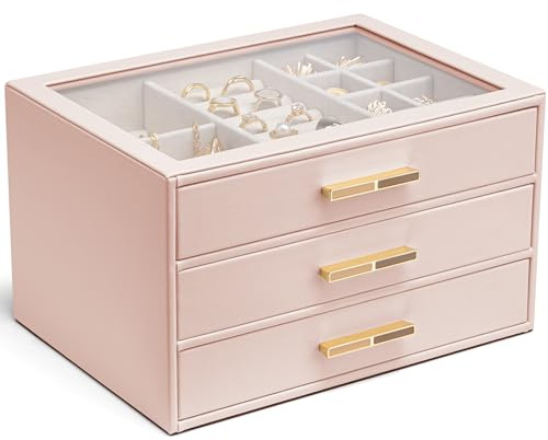 Vlando Boîte à bijoux pour femme et fille, organiseur avec couvercle en verre et 3 tiroirs pour colliers, bagues, boucles d'oreilles et bracelets, cadeau fête des mères, rose foncé