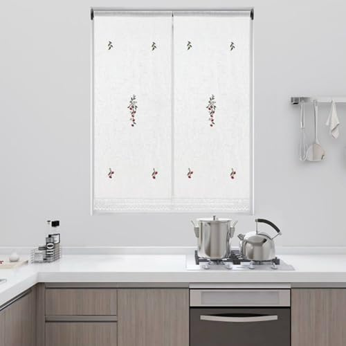 Tenda da Cucina Bianca con Ricamo Ciliegie e Bordo Basso in Pizzo, Elegante Design Floreale (60x90cm 2 pannelli)