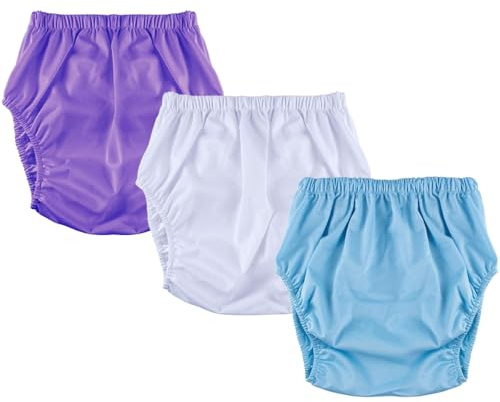 Lot de 3 Couche-Culotte en Plastique pour Adultes,Culottes D'Incontinence Réutilisables,Imperméables et Silencieuses Pantalon Incontinence(Purple+White+Blue,Medium)