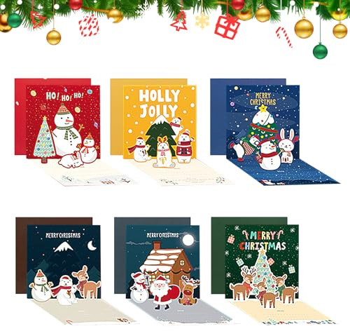CUVZORA 6 Stück Pop Up Weihnachtskarten Set, 3D Weihnachtskarten mit Umschlag und Aufklebern, Lustige Weihnachtskarte, Handgemachte Pop up Weihnachtsgrußkarte für Kinder