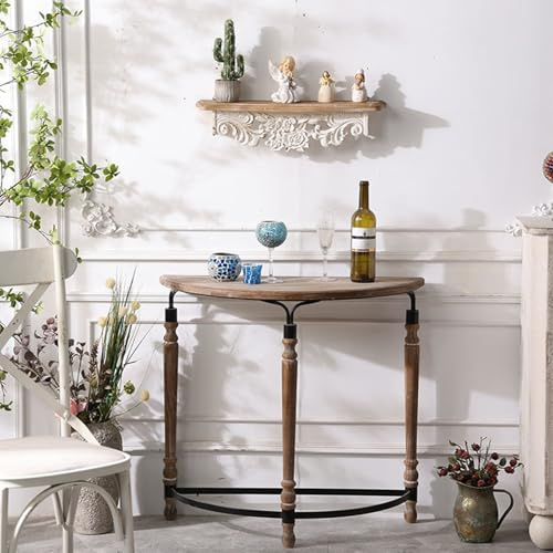 TUPAFJU Tavolo consolle retrò a mezzaluna in legno e ferro, tavolo decorativo semicircolare per divano, tavolino laterale stretto, per ingresso, corridoio, soggiorno, giardino(Wood)