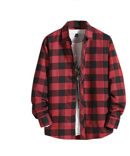 YOSUWOAI Camisa de trabajo para hombre, manga larga, chaqueta de leñador, corte holgado, camisa a cuadros, camisa vintage para traje regional, camisa informal para Oktoberfest, camisa informal