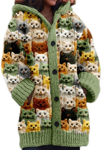Elegante Damen Strickjacke 3D Digital Tier Druck Kapuzenpullover Grobstrick Oversize Cardigan Warmer Strickmantel Bunter Herbst Winter Pullover Strickjacken Casual Mode Sweatshirt Jacke Langarm