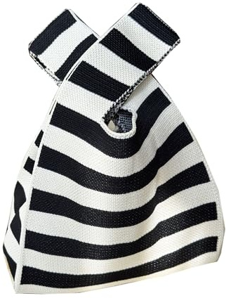 QSYW Knot Bag, Mini Knit Tote Bag, Extra Thickened Japanese Knot Bag, Wristlet Handbag, Aesthetic Crochet - 1Pcs White Stripe(Very Small)