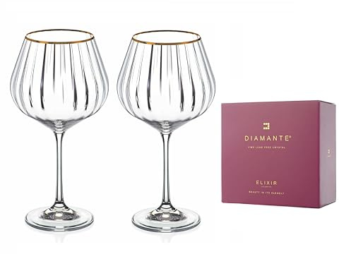 DIAMANTE Crystal Gin Copa Glasses, Mirage Gold Gold Rim, Optical Wave Pattern Effect, 570ml, Set of 2