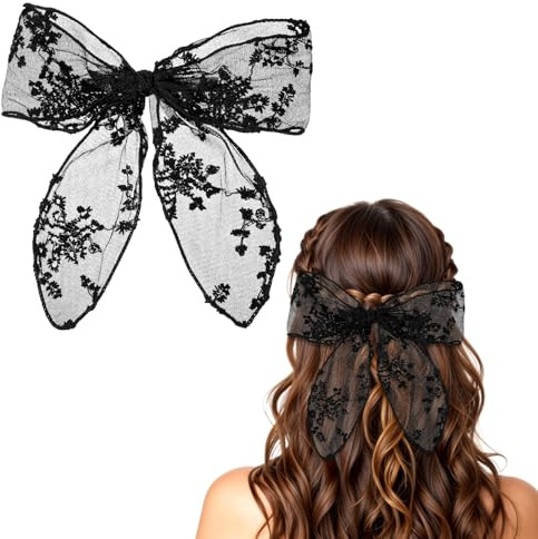 Large Lace Hair Bow Clips for Women, 7 Inch Black Lace Bows for Hair, Cute Tulle Hairs Bows, Bowknot Barrette Head Accessories for Girls Women