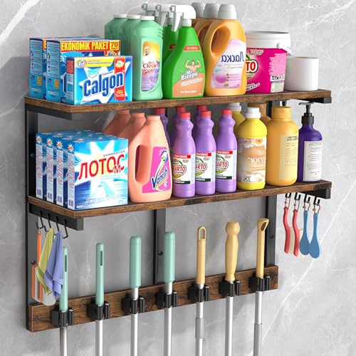 Housolution 2 Stufig Besenhalterung Wand mit Putzmittel Regal, 45 KG Hohe Tragfähigkeit Besenhalter Mopphalter, Multifunktional Wandhalterung Besen mit 7 Halter und 8 Haken