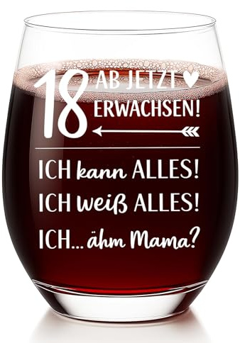 Diztoud 18. Geburtstag Mädchen Geschenk, 550 ml Weinglas mit Spruch, 18 AB JETZT ERWACHSEN, lustige Geschenkidee zum 18 Geburtstag, Geburtstagsgeschenk für Tochter, Nichte, Schwester und Freundin
