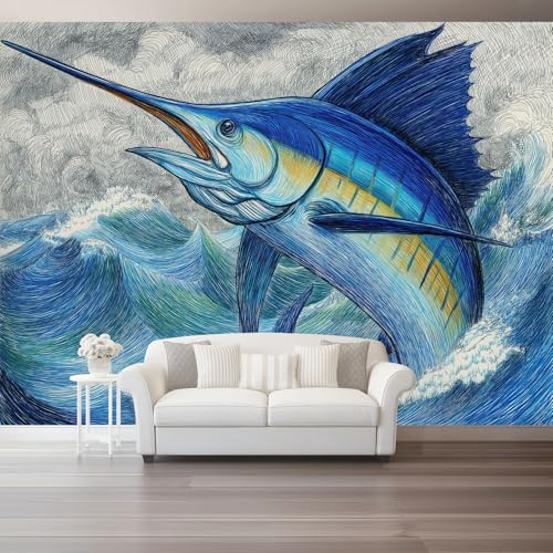 Textured Non-Woven Mural Wallpaper 400 x 280(WxH) – Cartoon Waves Fish Pattern, Modern Feature Wall for Lounge Hallway or TV Backdrop, Blue