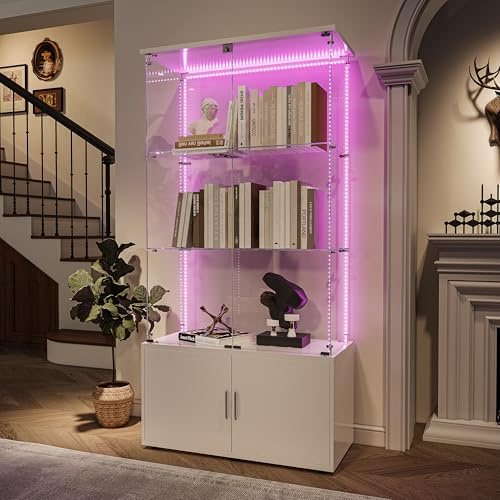 Vitrin stående, glasvitrinskåp med LED-belysning, 4 våningar stående, glasskåp med 2 dörrar, vitrinskåp i glas, låsbart glasskåp, glasvitrinskåp (vit, 2 dörrar 4 våningar B)