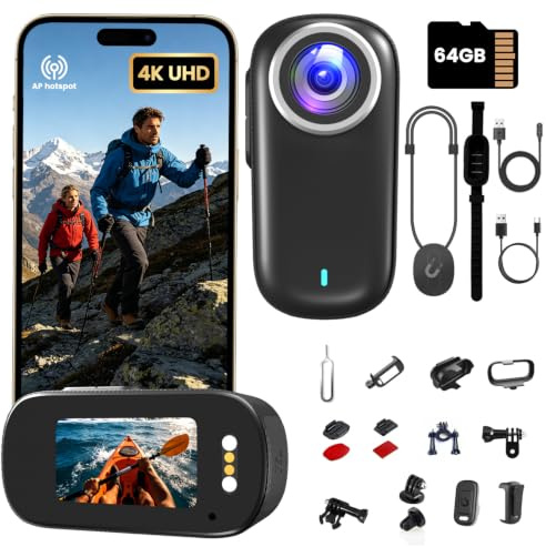 Veralyxa Bodycam 4K, Mini Action Cam Wasserdicht WiFi Bodycam Körperkamera Mini mit 64GB Karte Body Camera, POV Kamera 1200-mAh, Loop-Funktion Dashcam Fahrrad