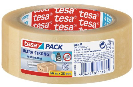 tesapack Ultra Strong - PVC Packing Tape for Solid Packaging and Secure Bundling - Transparent - 66 m x 38 mm