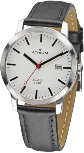 Atrium Herren Damen Armbanduhr Unisex im Bahnhofsuhren Stil Klassisch Edelstahl silberfarben Analog Quarz sehr deutliches weißes Zifferblatt 5 Bar Lederband schwarz A21-10