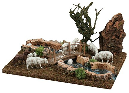 Bertoni Section de Rivière avec Troupeau et Petit Pont pour Crèche | Ruisseau Modulable avec Moutons | Bois et Plastique | pour Figurines 8-12 cm | Produit Italien | 26x18x15 cm
