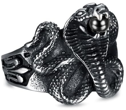 BOBIJOO Jewelry - Chevalière Bague Homme Serpent Cobra Pierre Orbe Noire Fleur de Lys Acier Inoxydable 316L - 60 (9 US)