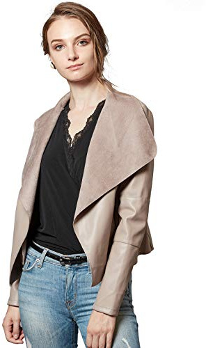 Escalier Women's Faux Leather Jackets Slim Open Front Lapel Blazer Jackets Khaki Medium