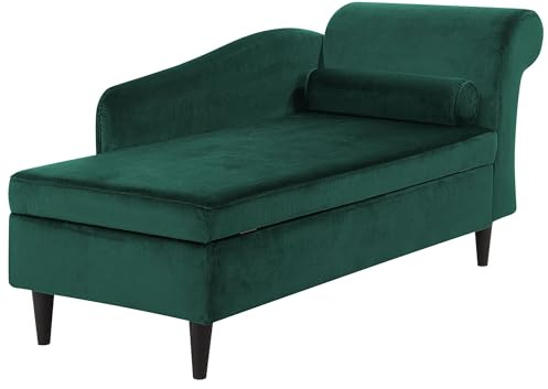 Beliani Chaiselongue Samt dunkelgrün rechts mit Stauraum u. Kissen hohe Lehne Retro Luiro
