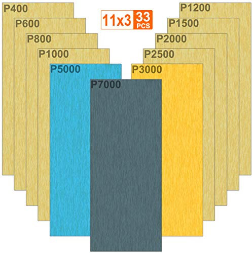 33 Pièces Papier de Verre 7000 5000 3000 2500 2000 1500 1200 1000 800 600 400 Grain Papier abrasif Humide et Sèche, Utilisé pour polir métal, bois, les voitures, 9 x 3,6 pouces par Papier feuille