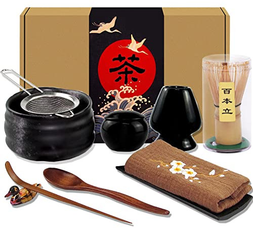 Artcome Juego de 10 piezas de té matcha japonés, cuenco matcha, batidor matcha, cuchara tradicional, cuchara de té, paño de té, contenedor para polvo Matcha, colador de polvo Matcha (negro)