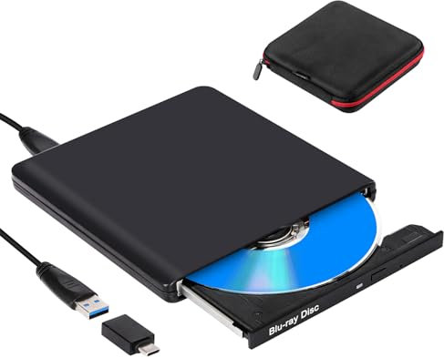 Externes Blu Ray Laufwerk, Aluminium Bluray Brenner Extern, USB 3.0 Externer CD DVD Blue Ray Player mit Tasche, Ultra Slim Tragbar BD Externe Blu-ray Laufwerke für Mac PC MacBook Laptop Windows 11/10
